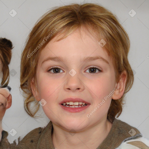 Joyful white child female with medium  brown hair and blue eyes