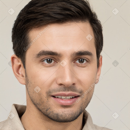 Joyful white young-adult male with short  brown hair and brown eyes