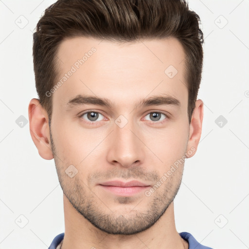 Neutral white young-adult male with short  brown hair and brown eyes