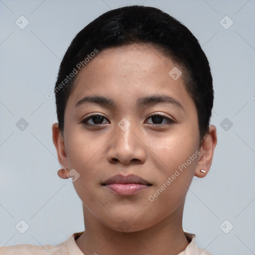 Neutral asian young-adult female with short  black hair and brown eyes