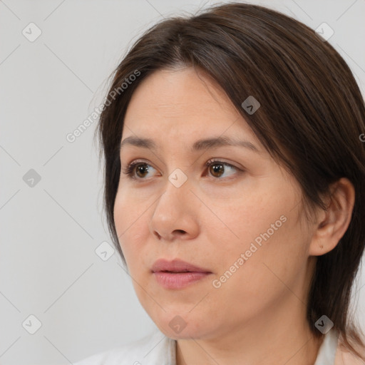 Neutral white adult female with medium  brown hair and brown eyes