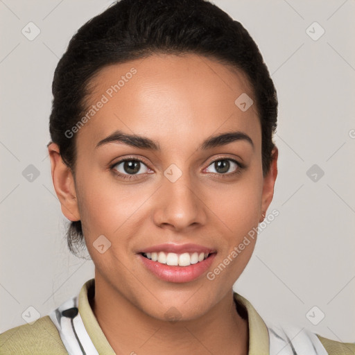 Joyful white young-adult female with short  brown hair and brown eyes