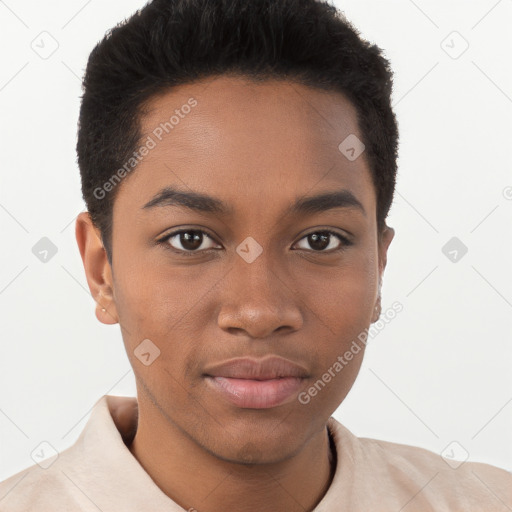 Joyful black young-adult male with short  brown hair and brown eyes