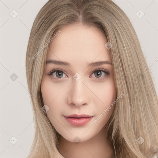 Neutral white young-adult female with long  brown hair and brown eyes