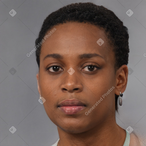 Neutral black young-adult female with short  brown hair and brown eyes