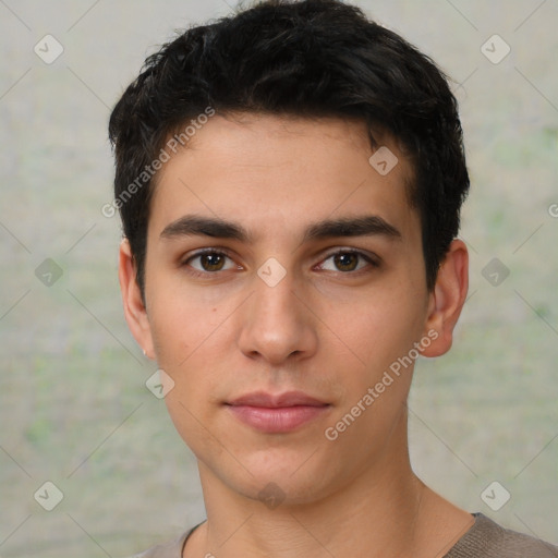 Neutral white young-adult male with short  brown hair and brown eyes