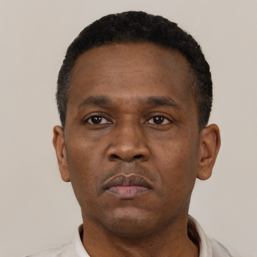 Neutral black adult male with short  black hair and brown eyes
