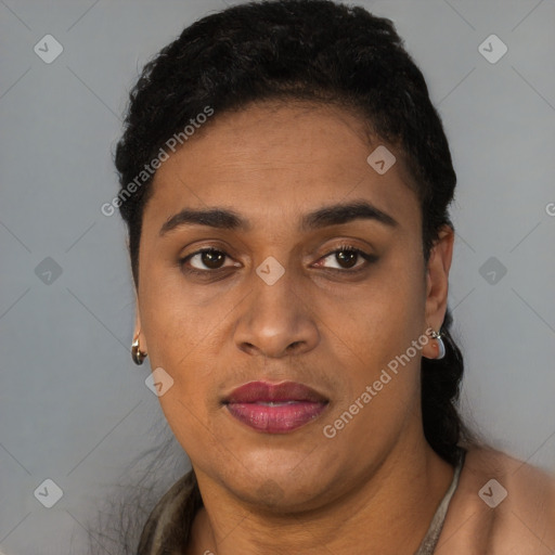 Joyful latino young-adult female with short  brown hair and brown eyes