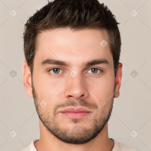 Neutral white young-adult male with short  brown hair and brown eyes