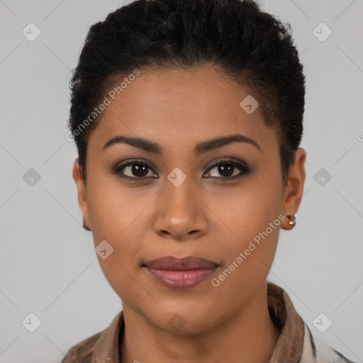 Joyful latino young-adult female with short  brown hair and brown eyes