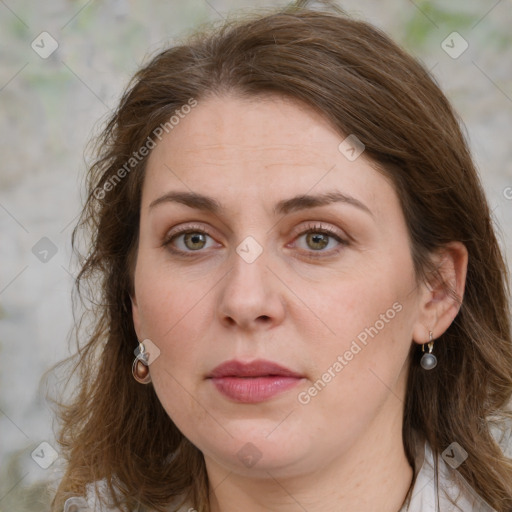 Joyful white young-adult female with medium  brown hair and green eyes