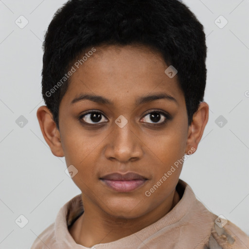 Joyful black young-adult female with short  brown hair and brown eyes