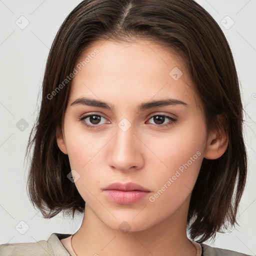 Neutral white young-adult female with medium  brown hair and brown eyes