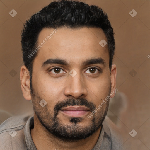 Neutral latino young-adult male with short  black hair and brown eyes