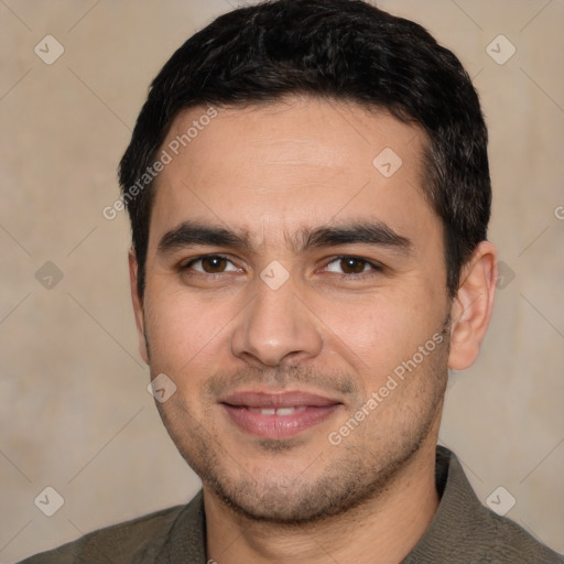 Joyful white young-adult male with short  black hair and brown eyes