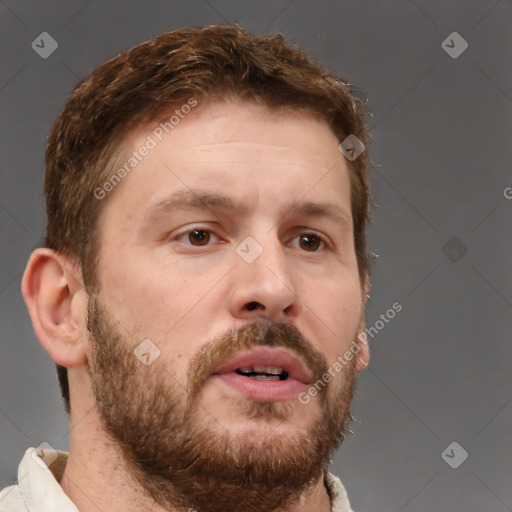 Neutral white young-adult male with short  brown hair and brown eyes