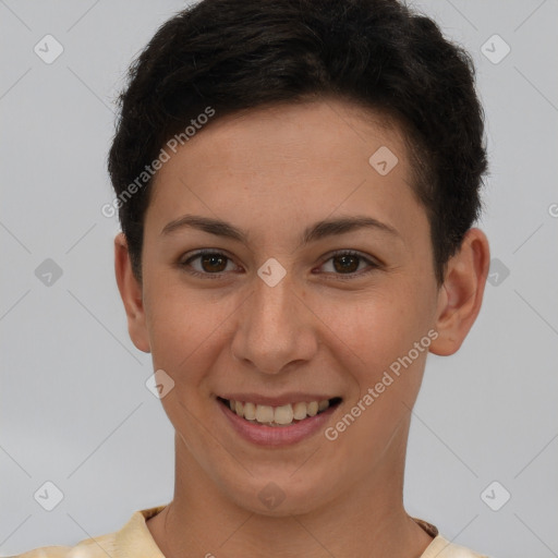 Joyful white young-adult female with short  brown hair and brown eyes