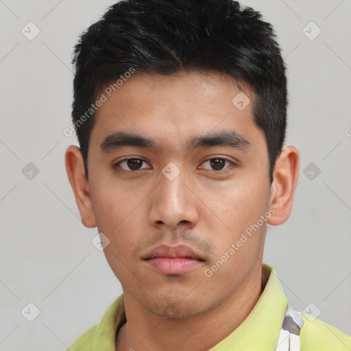 Neutral asian young-adult male with short  black hair and brown eyes