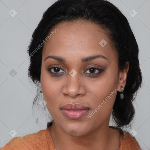 Joyful black young-adult female with medium  black hair and brown eyes