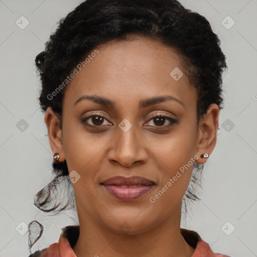 Joyful latino young-adult female with short  brown hair and brown eyes