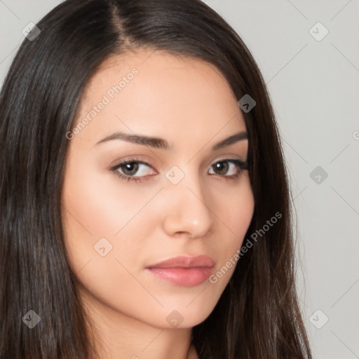 Neutral white young-adult female with long  brown hair and brown eyes