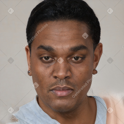 Neutral black young-adult male with short  black hair and brown eyes