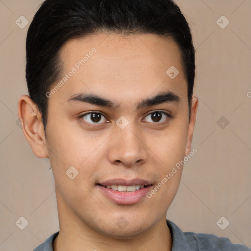 Joyful latino young-adult male with short  brown hair and brown eyes