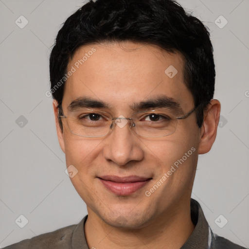 Joyful white young-adult male with short  black hair and brown eyes