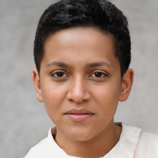 Joyful latino young-adult female with short  brown hair and brown eyes
