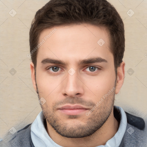 Neutral white young-adult male with short  brown hair and brown eyes