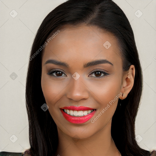 Joyful white young-adult female with long  black hair and brown eyes