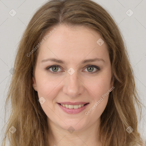 Joyful white young-adult female with long  brown hair and green eyes