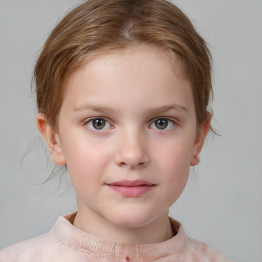 Neutral white child female with medium  brown hair and blue eyes