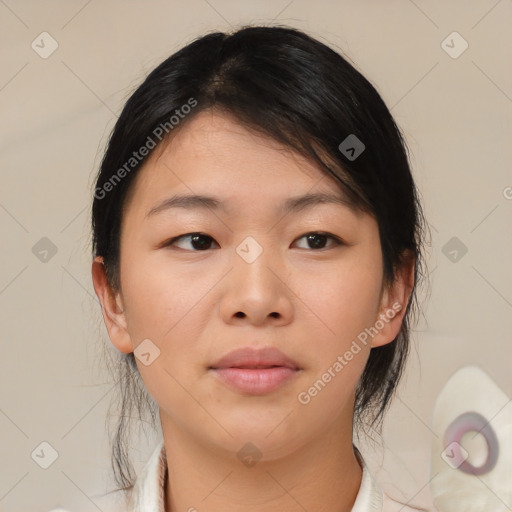 Neutral asian young-adult female with medium  brown hair and brown eyes