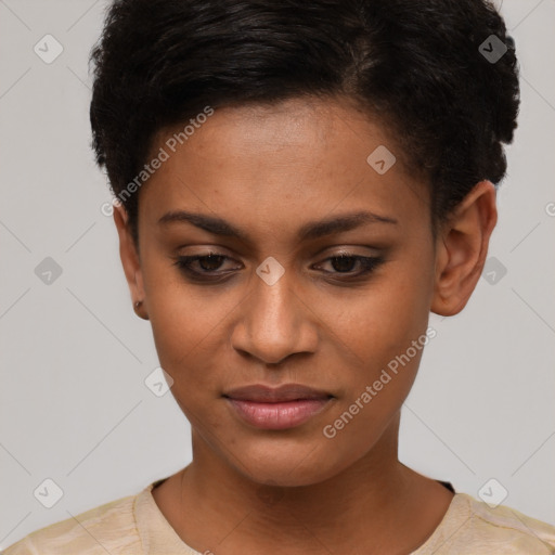 Joyful latino young-adult female with short  brown hair and brown eyes