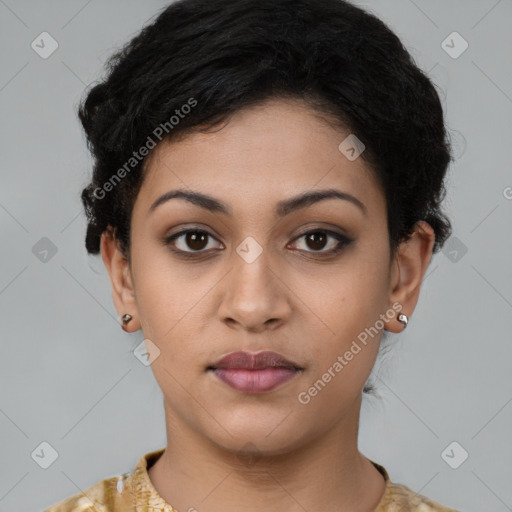 Neutral latino young-adult female with short  black hair and brown eyes