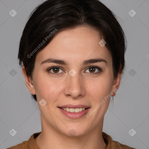 Joyful white young-adult female with medium  brown hair and brown eyes