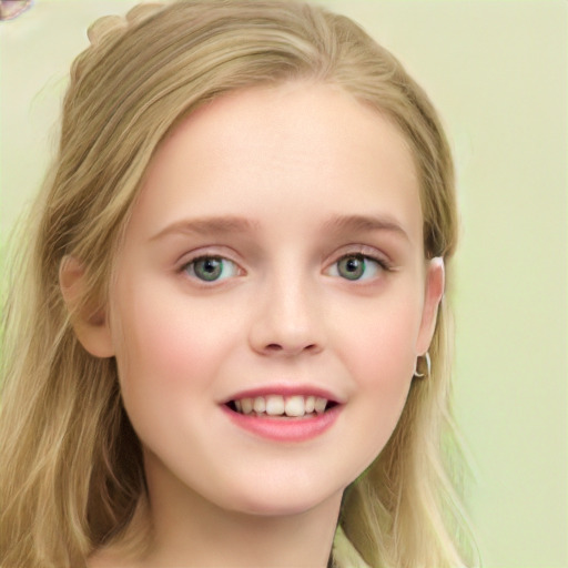 Joyful white child female with long  blond hair and blue eyes