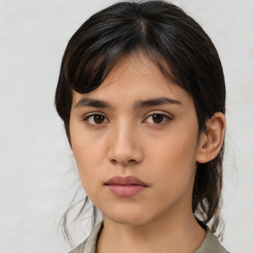 Neutral asian young-adult female with medium  brown hair and brown eyes