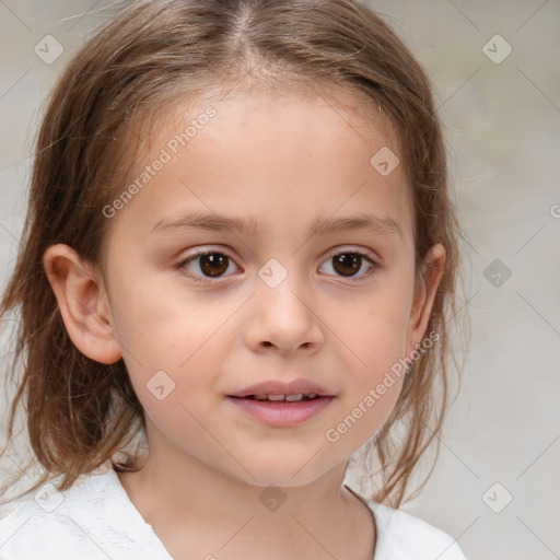 Joyful white child female with medium  brown hair and brown eyes