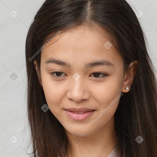 Joyful asian young-adult female with long  brown hair and brown eyes