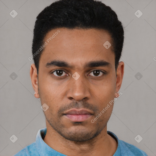 Neutral latino young-adult male with short  black hair and brown eyes