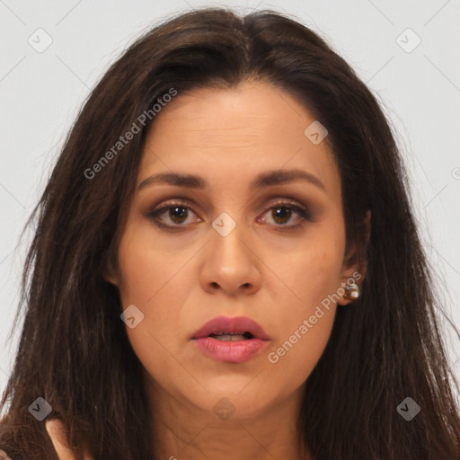 Joyful asian young-adult female with long  brown hair and brown eyes