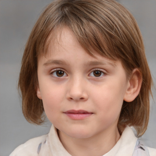 Neutral white child female with medium  brown hair and grey eyes