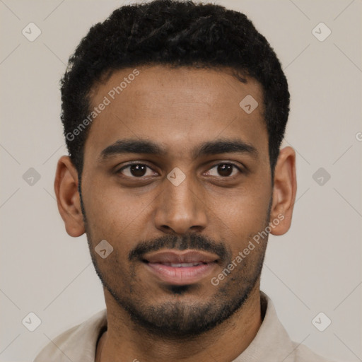 Neutral black young-adult male with short  black hair and brown eyes