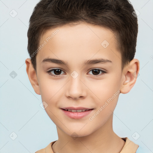 Joyful white child female with short  brown hair and brown eyes