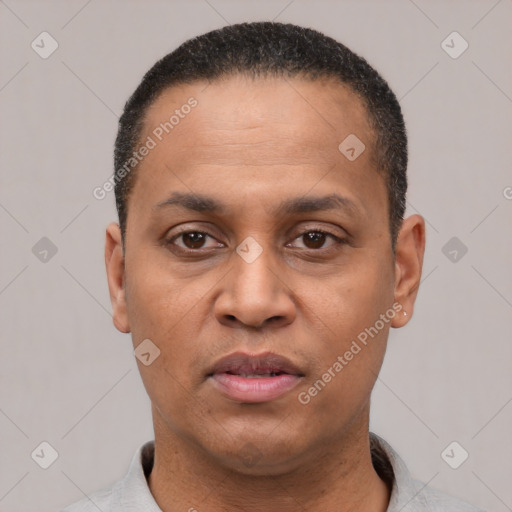 Neutral latino adult male with short  black hair and brown eyes