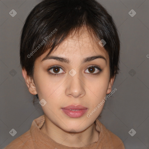 Neutral white young-adult female with medium  brown hair and brown eyes