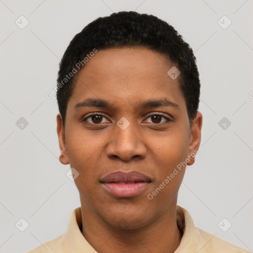 Joyful black young-adult male with short  black hair and brown eyes