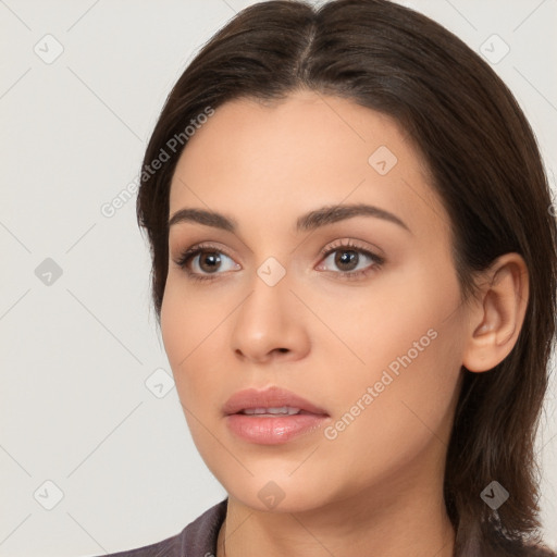 Neutral white young-adult female with medium  brown hair and brown eyes